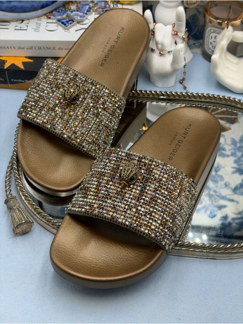 🆕 KURT GEIGER LONDON 🧿 NWOB Meena Eagle Bronze Crystal Houndstooth Slides